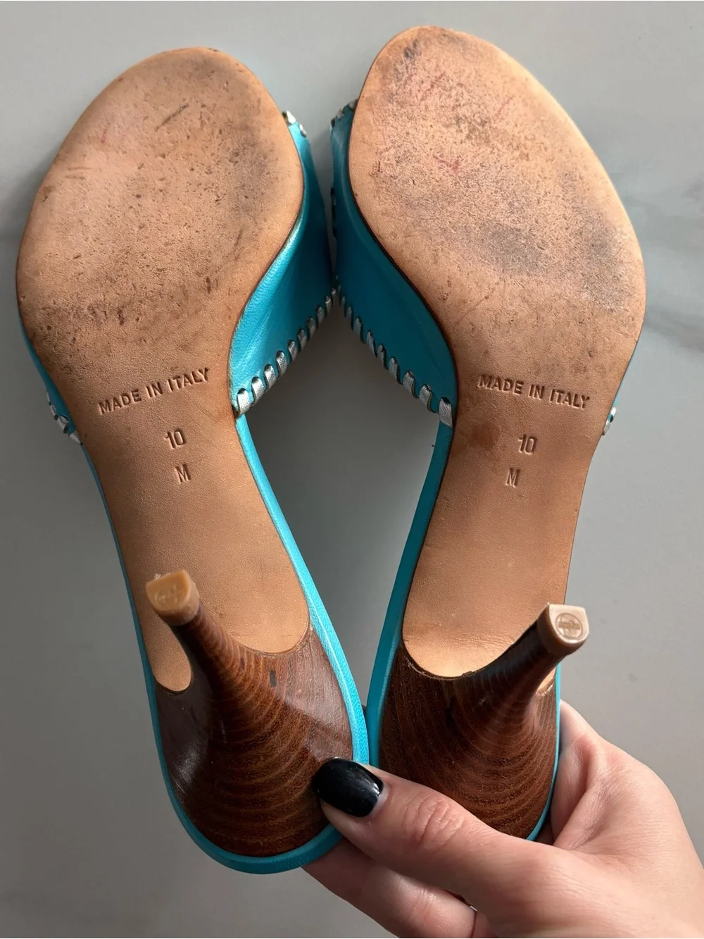 Michael Kors Made in Italy Turquoise Leather Whipstitch Heeled Slide Sandals 10